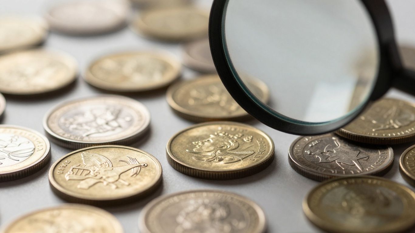Close-up of coins with a magnifying glass.
