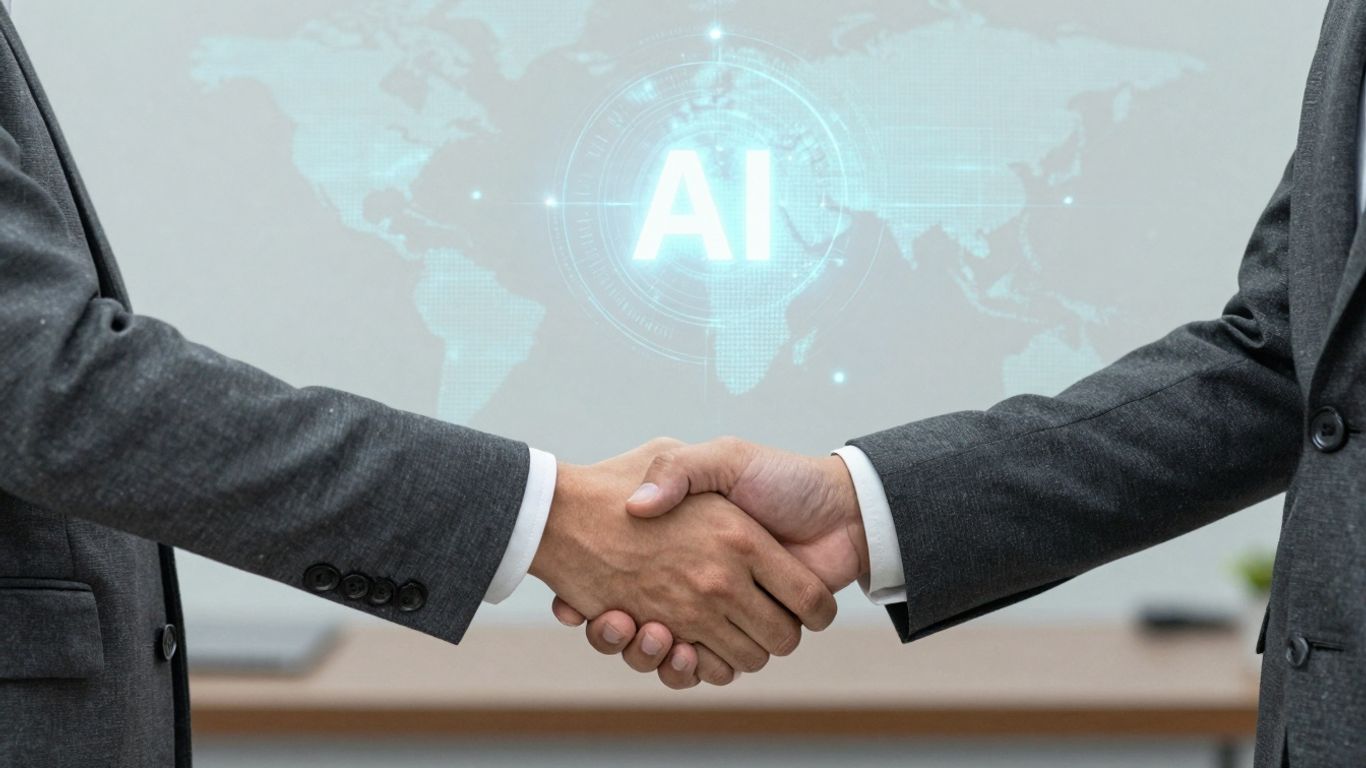 Business partners shaking hands, AI technology background.