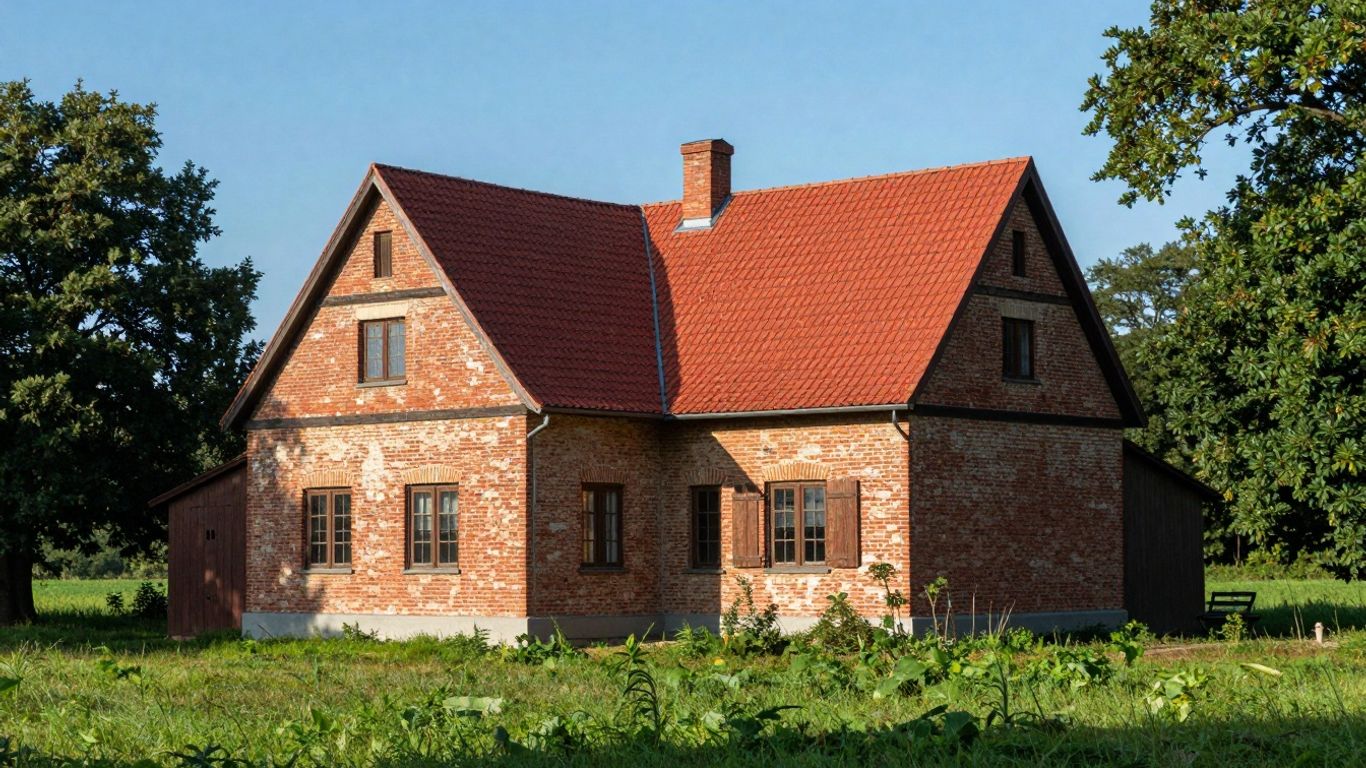 Rustic farmhouse in a green field under a blue sky.