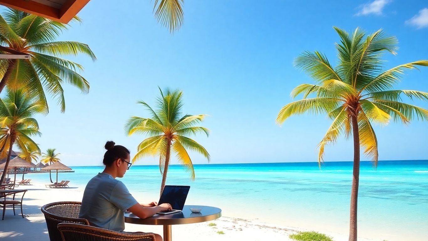 Digital nomad working on a laptop on a Phuket beach.