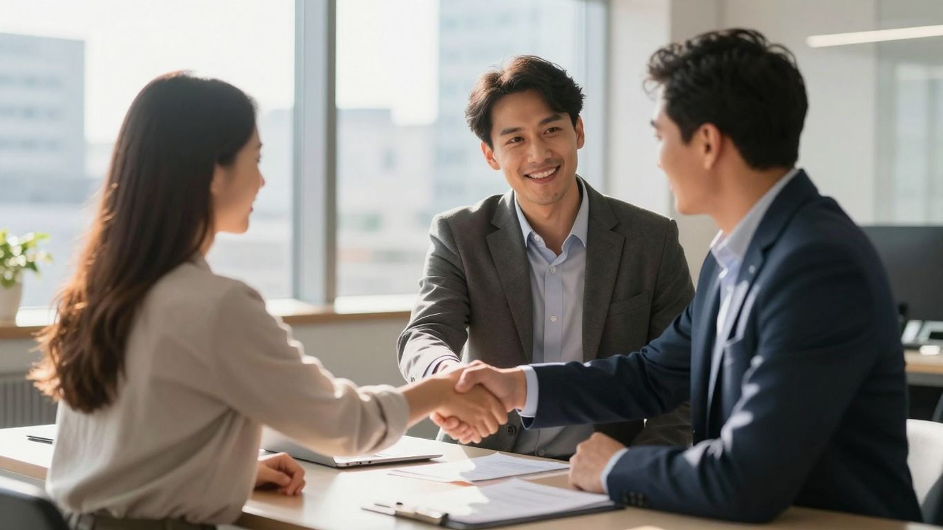 German financial advisor and client shaking hands in office.