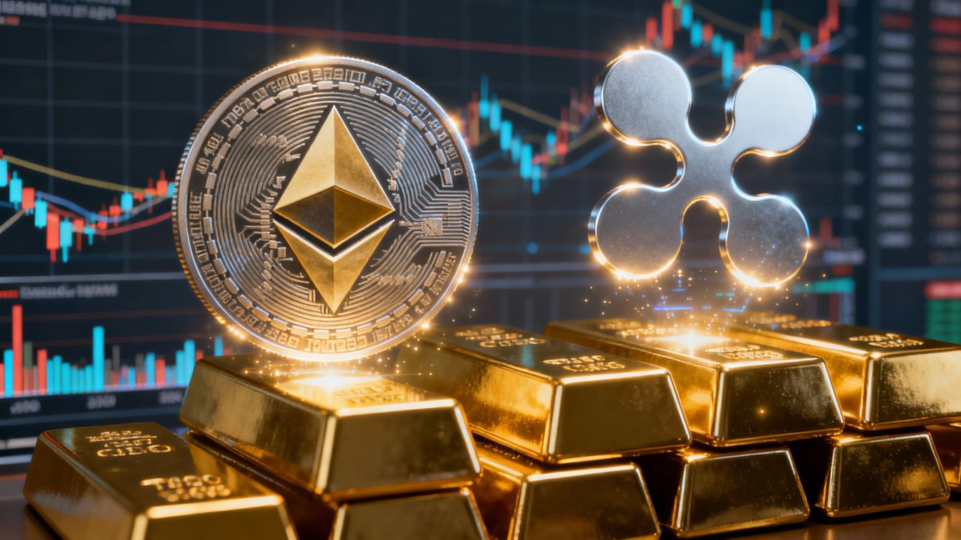 Ethereum and Ripple logos with gold bars and financial charts.