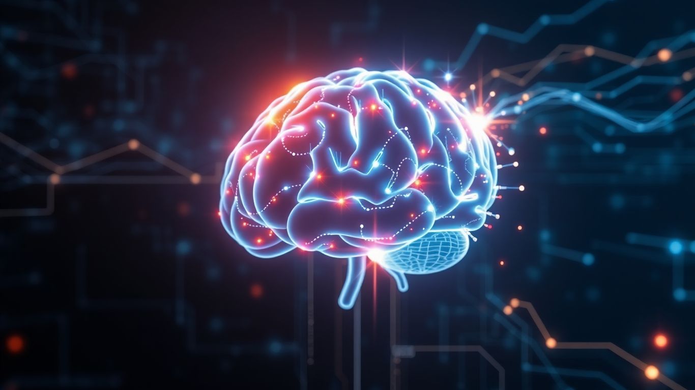 Futuristic glowing brain with data streams.