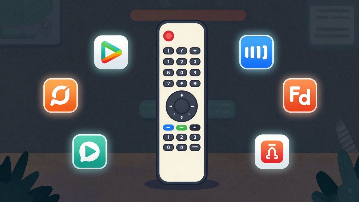Streaming service icons surrounding a remote control.