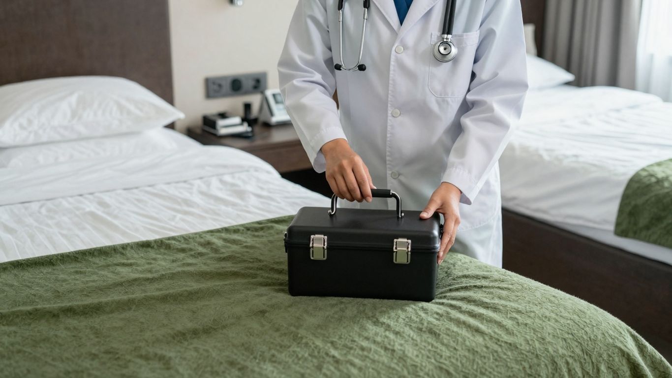 Doctor providing medical care in a hotel room.