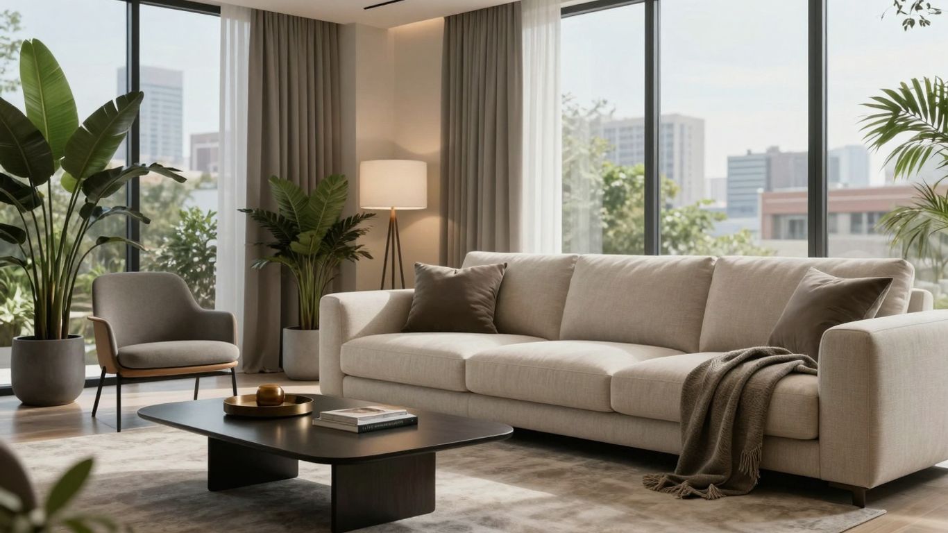 Modern living room with minimalist furniture and city views.