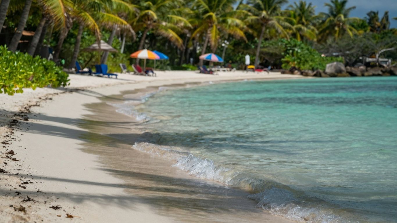 Tropical beach with clear water and palm trees.