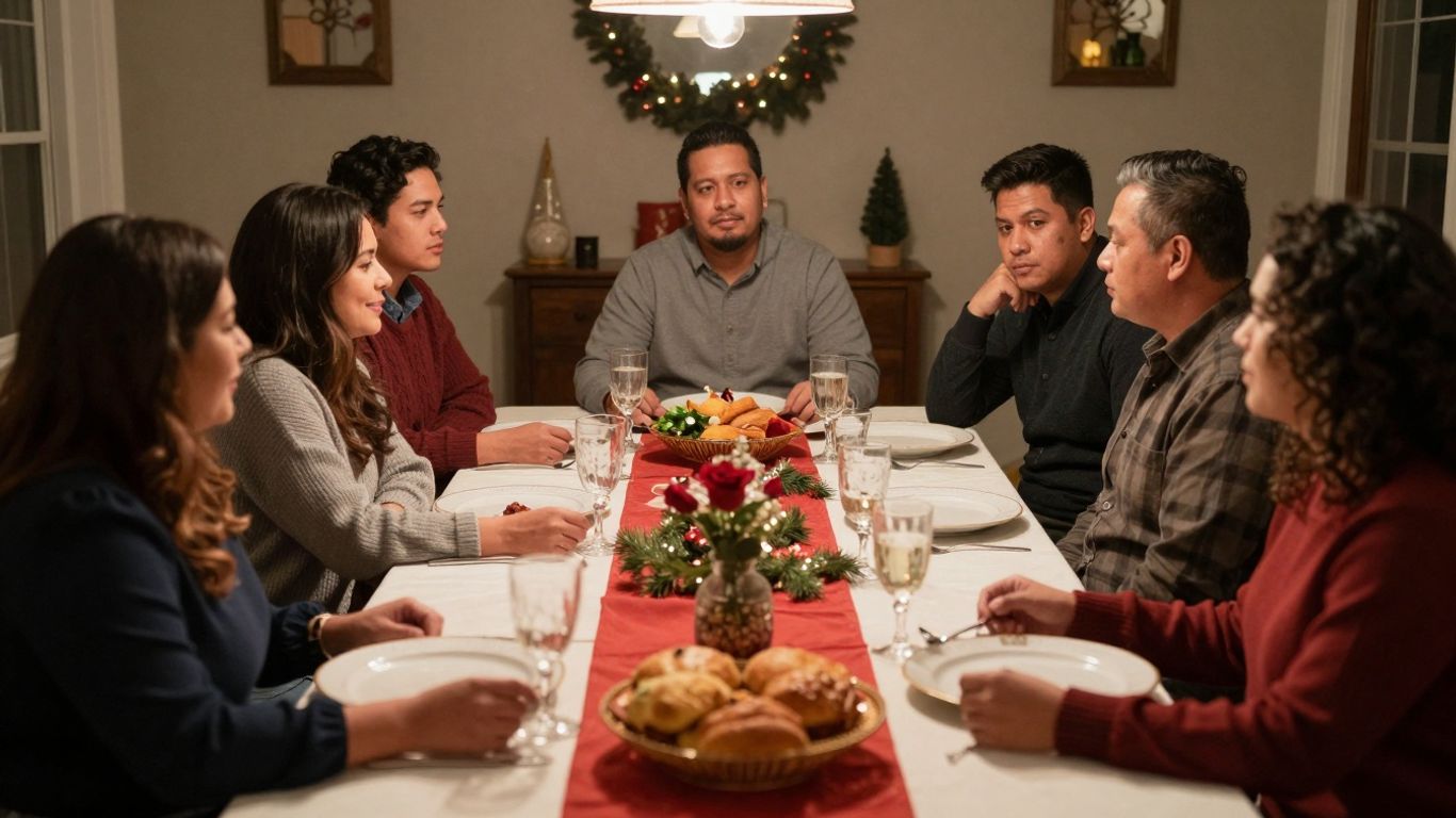 Family at holiday dinner table discussing sensitive topics.