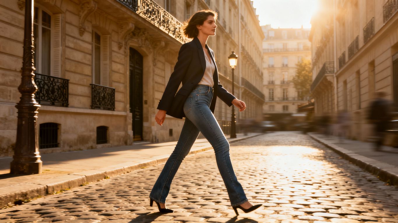 Woman in skinny jeans and blazer on Parisian street.