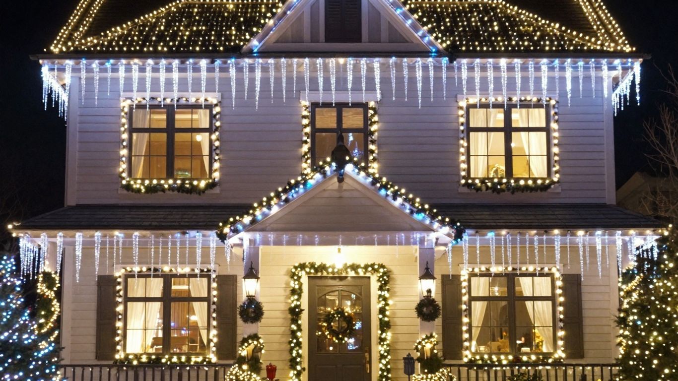 House decorated with colorful Christmas lights at night.
