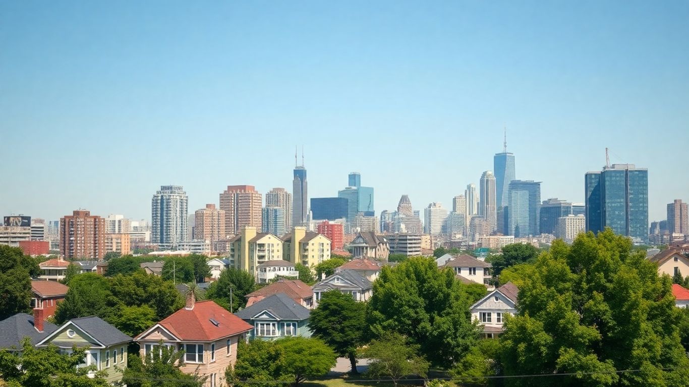 City skyline, apartments, suburban houses, and green trees.