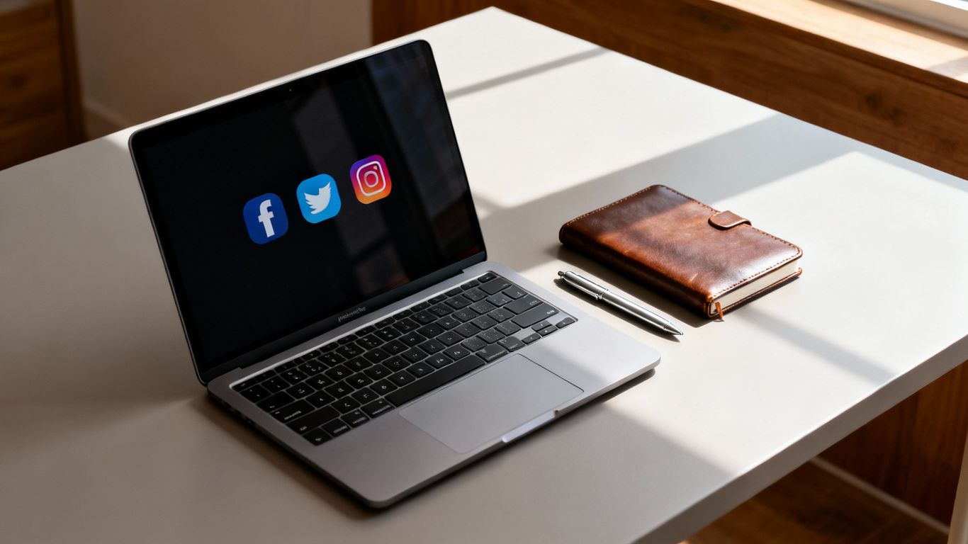Desk with laptop showing social media icons and notebook.