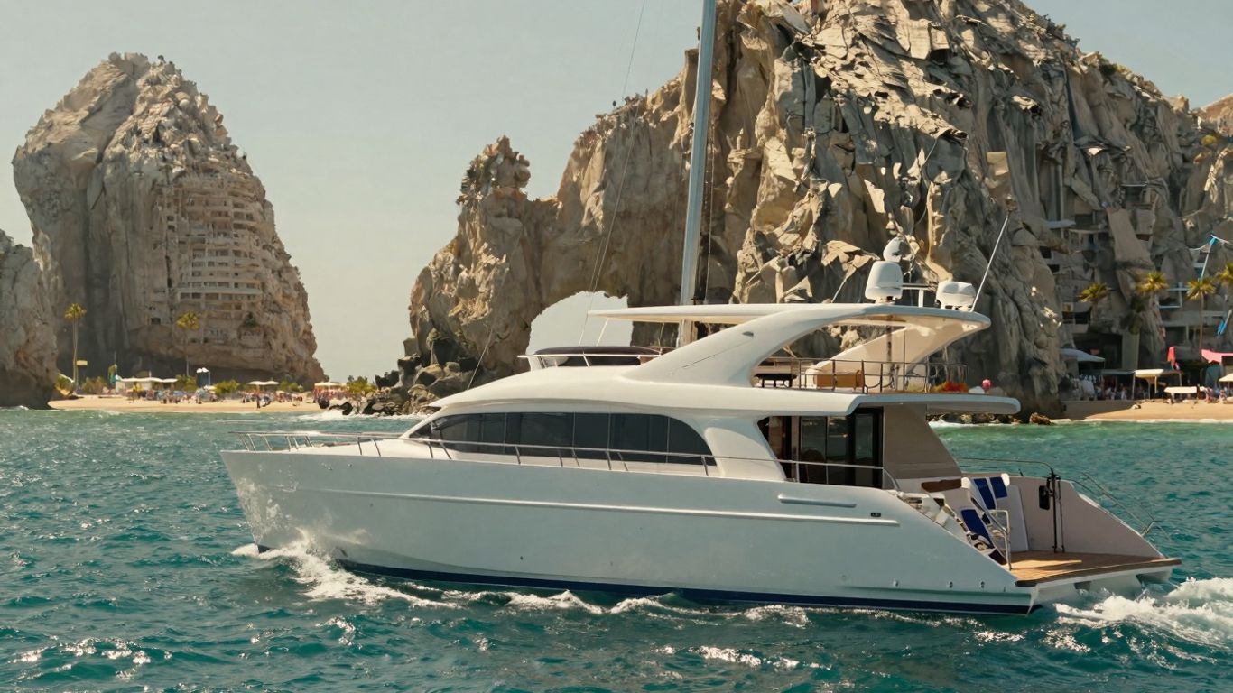 Luxury catamaran sailing in Cabo San Lucas waters.