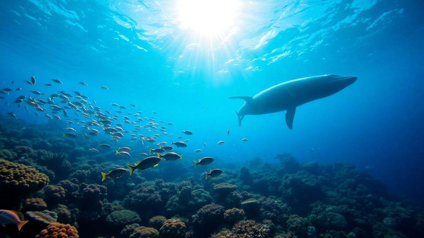 Pești, balenă și recife de corali în oceanul albastru.