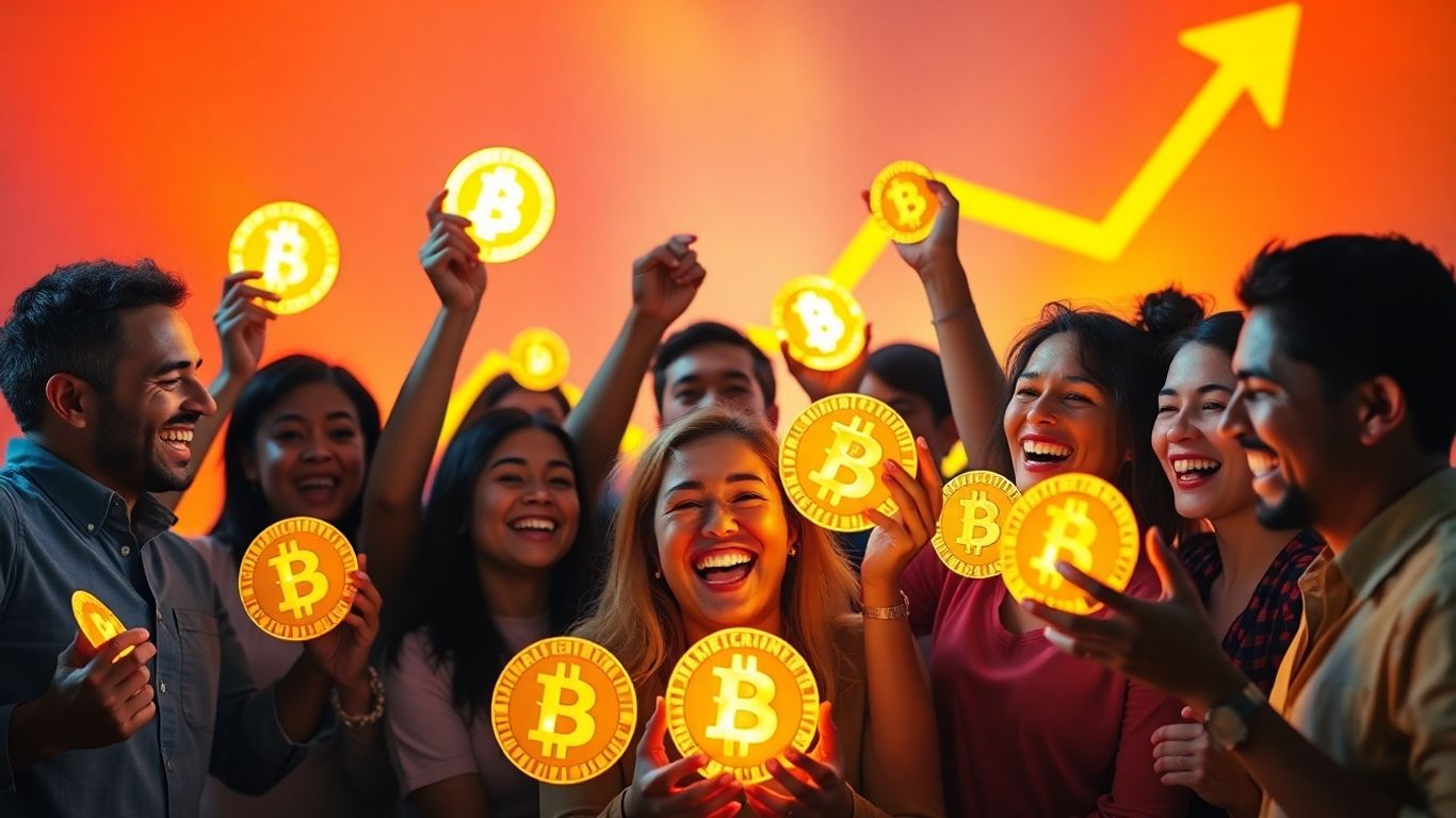 Pessoas felizes segurando moedas digitais brilhantes.