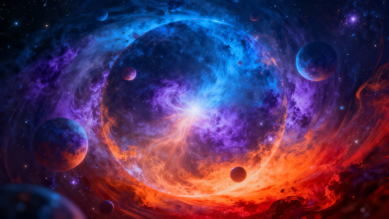 Cosmic wheel with celestial bodies and nebulae.