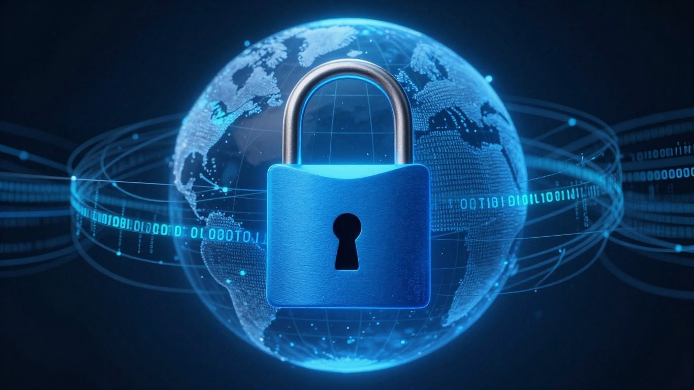 Digital padlock on a globe with code.