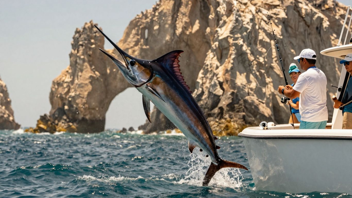 Marlin leaping from ocean near Cabo fishing boat