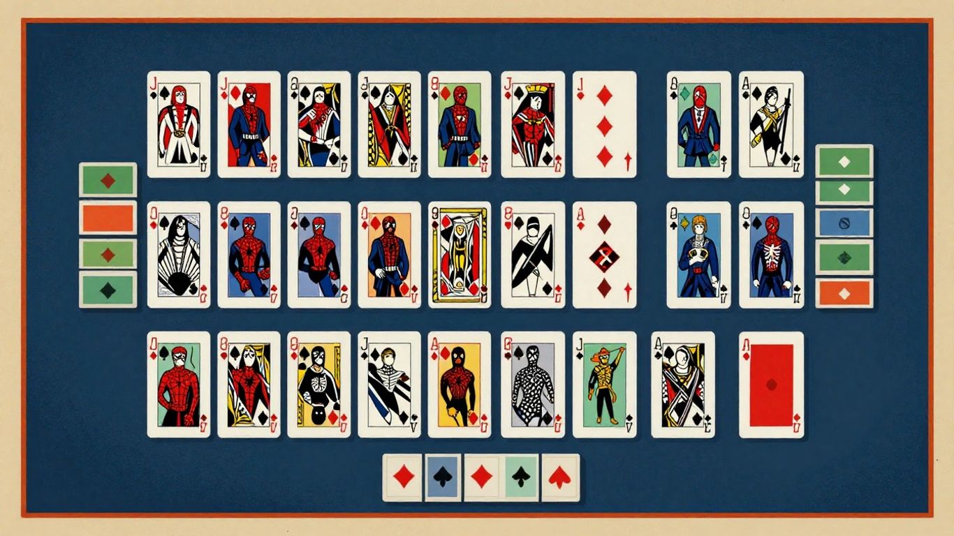 Spider Solitaire game with cards arranged.