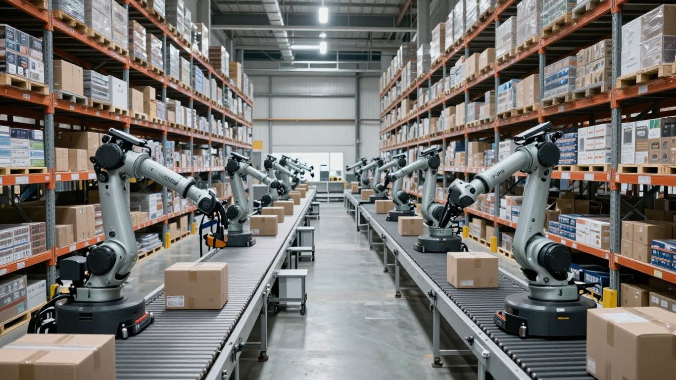 Robotic brațe în depozit modern automatizat.