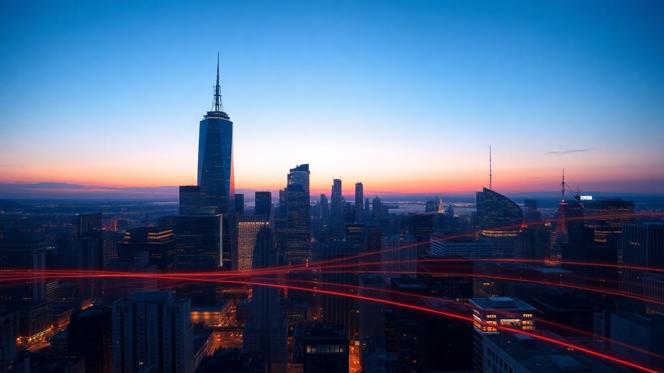 US cityscape with financial activity and complex networks.