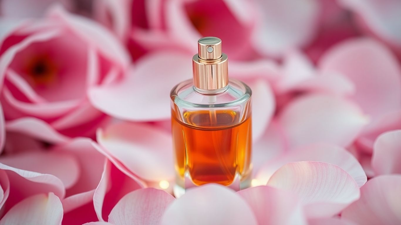 Perfume bottle with rose gold cap and pink petals.