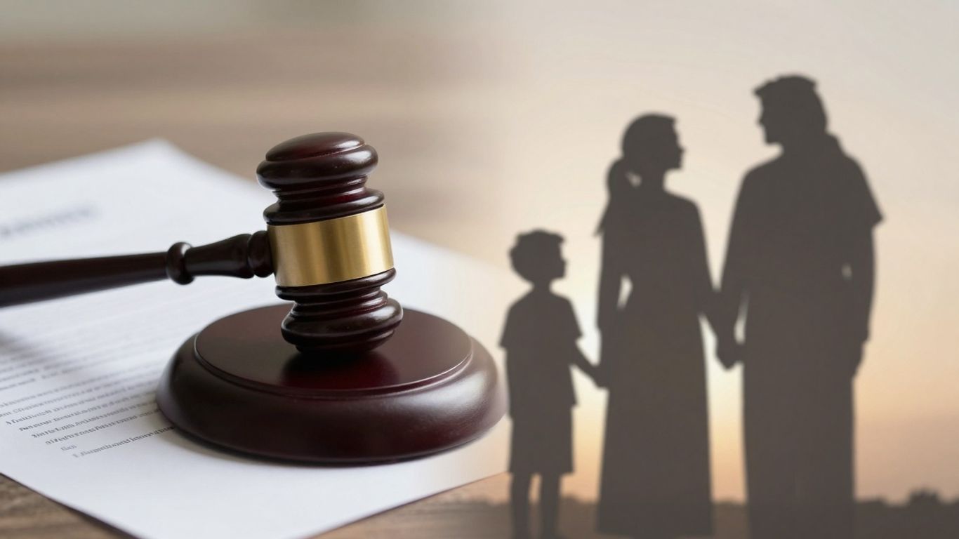 Family law concept: gavel and family silhouette.