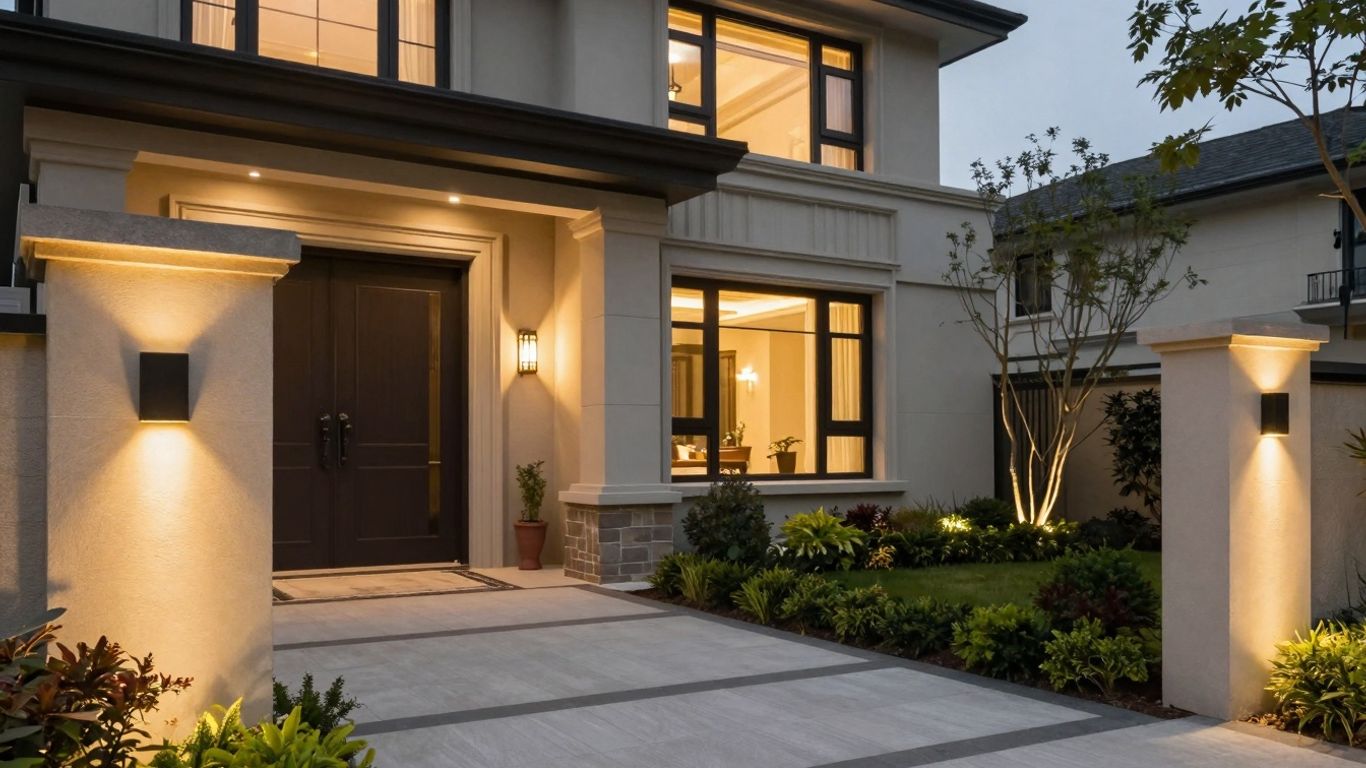 Stylish exterior lighting fixtures illuminating a home at dusk.