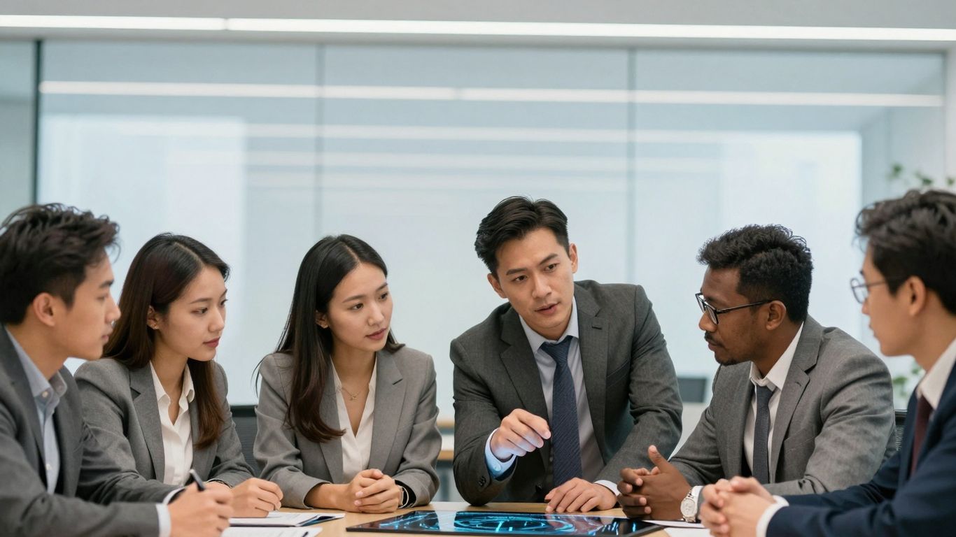 Business people collaborating on IT strategy for growth.