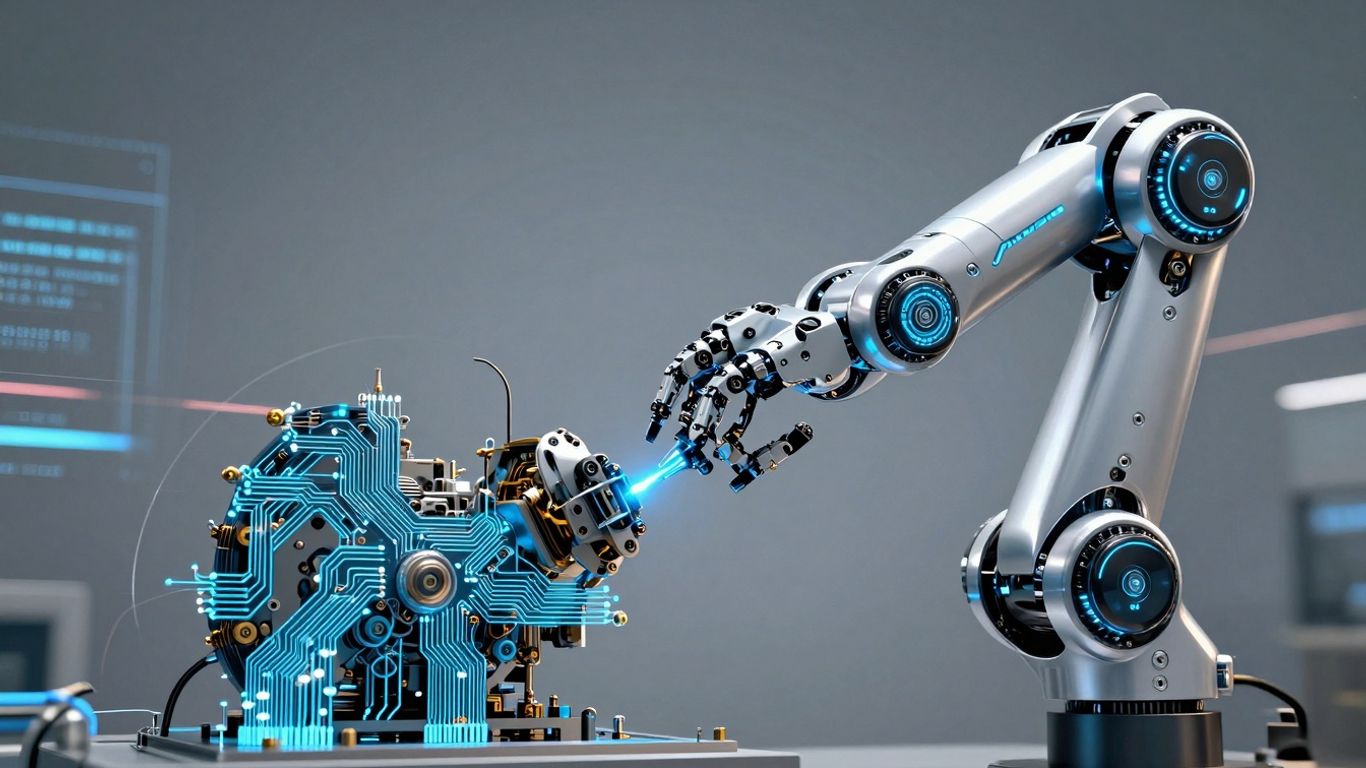 Robotic braț inteligent cu circuite luminoase albastre.