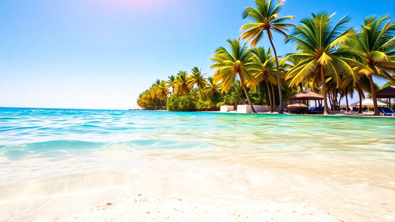 Sunny beach with palm trees and clear water.