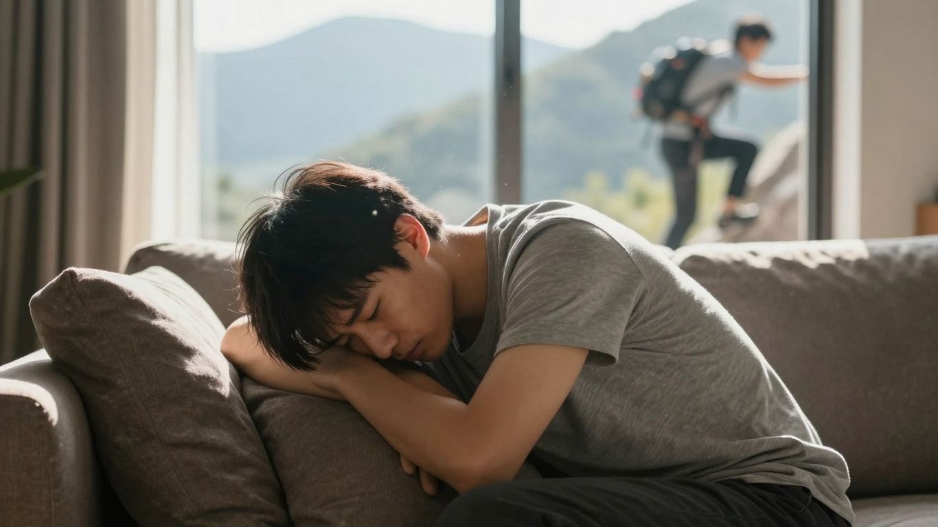 Person looking unmotivated near a window, with a mountain climber in the background.