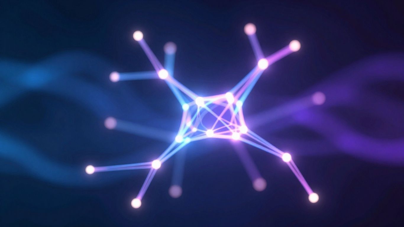 Abstract glowing neural network with interconnected nodes and light lines.