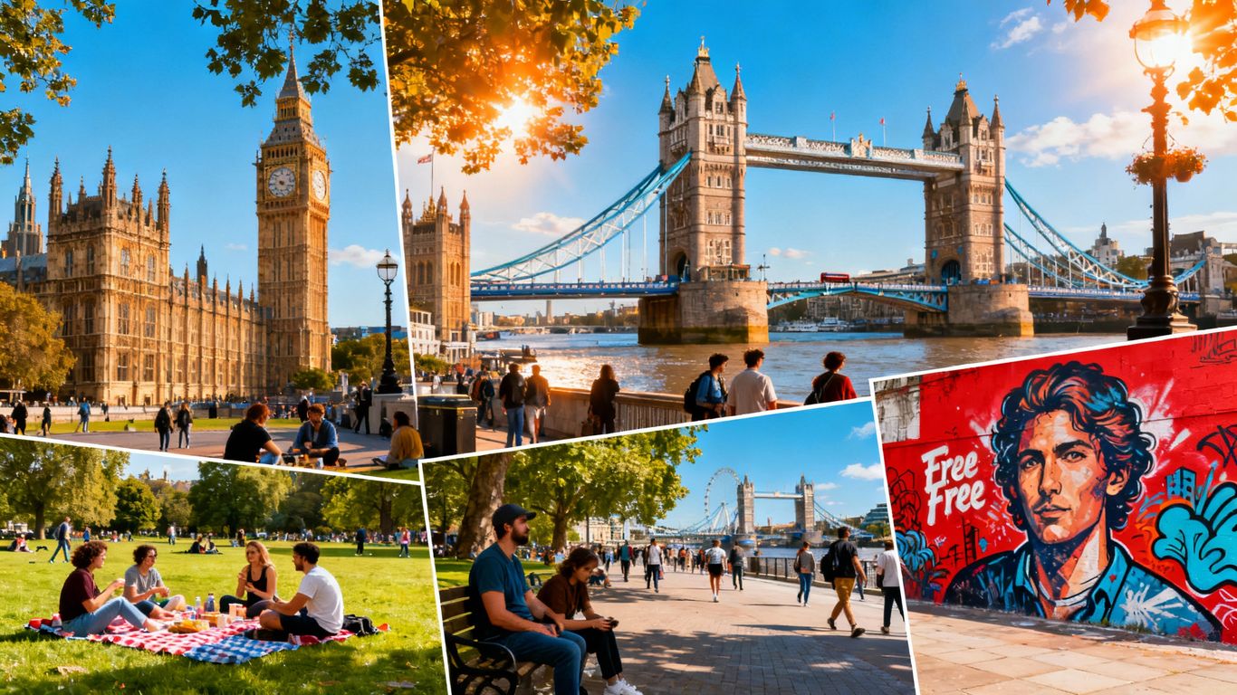 Iconic London landmarks and free activities in sunlight.