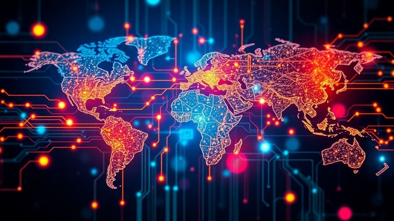 Global IT services infographic with digital circuits and data streams.