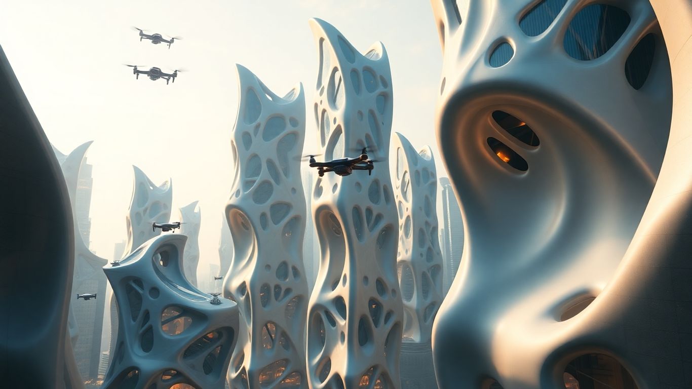 Oraș futurist cu arhitectură parametrică complexă.