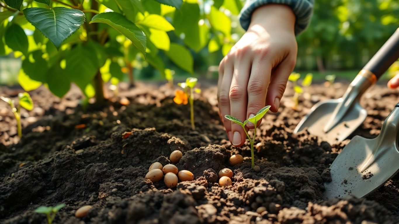 Pessoa semeando castanheiros em vaso com solo húmido