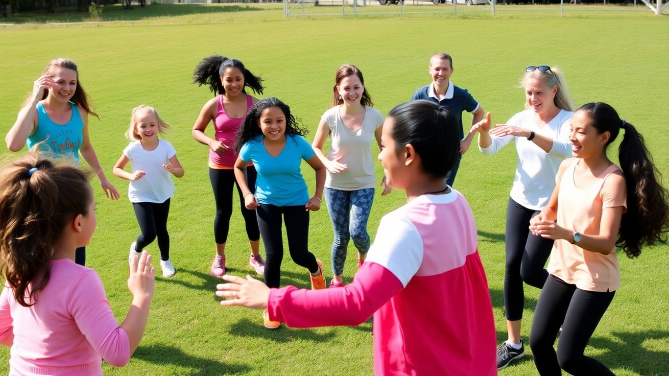 Menschen spielen Aufwärmspiele im Freien ohne Geräte.