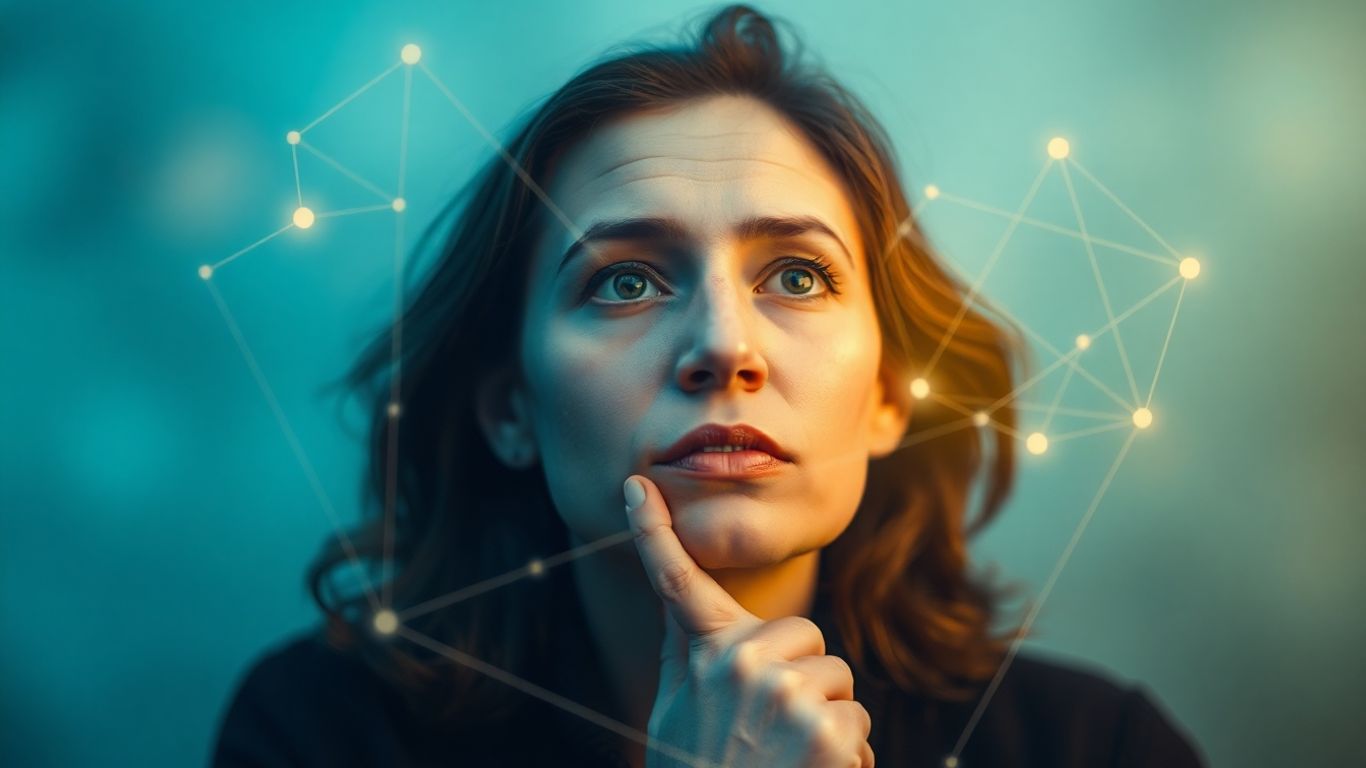 Person with thoughtful expression, surrounded by abstract shapes.