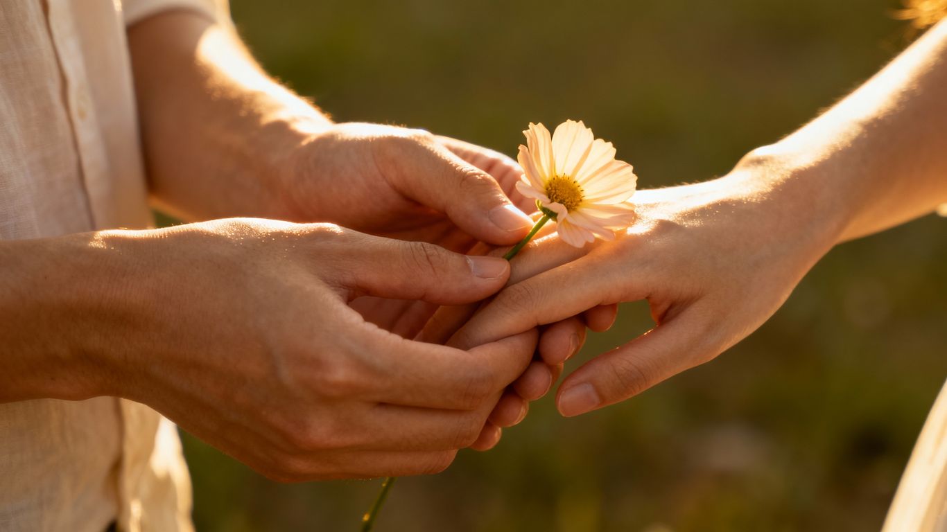 Couple's hands intertwined, one offering a flower.