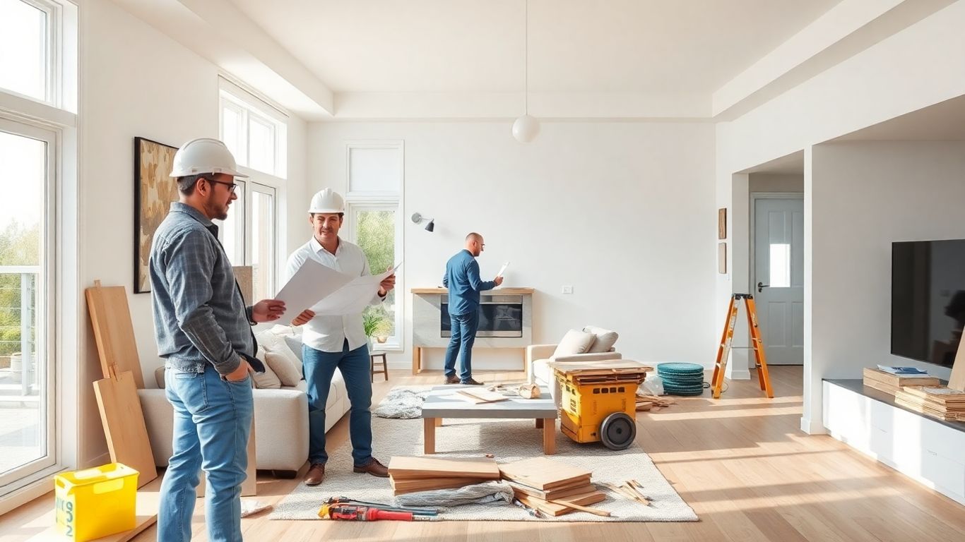 Renovare interioară cu muncitori și planuri de construcție