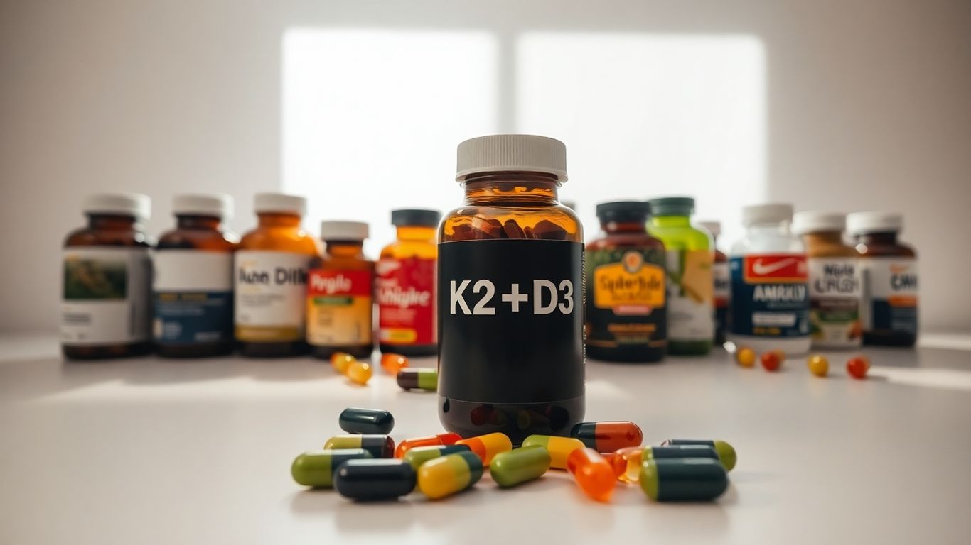 K2 D3 supplement bottles with capsules on a white surface