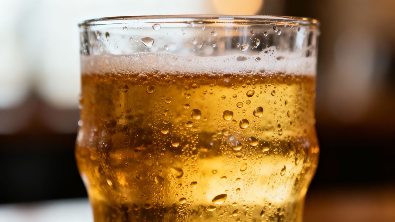 Short pint glass filled with golden beer