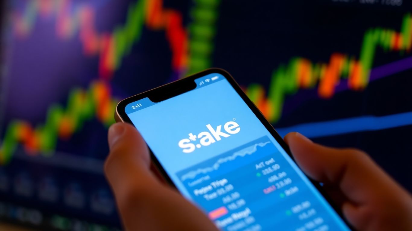 Stake platform on a smartphone with stock market visuals.