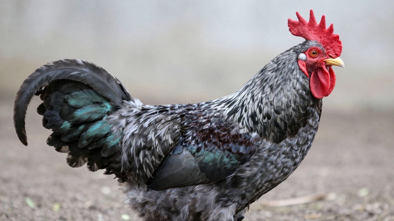 Toppy Grey gamefowl rooster with grey and black feathers.