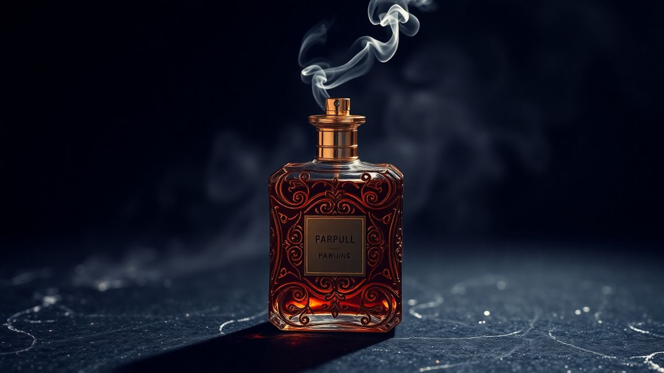 Ornate perfume bottle with fragrant vapor curling upwards.