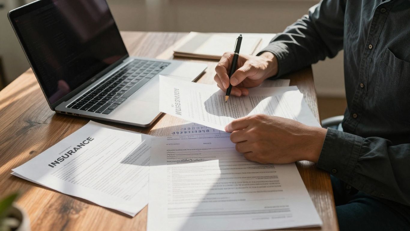 Self-employed person reviewing insurance options on a desk.