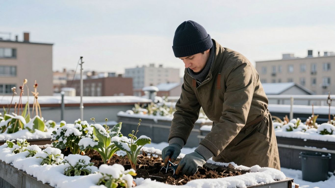Stadtgärtner im Januar bei der Arbeit im Freien.