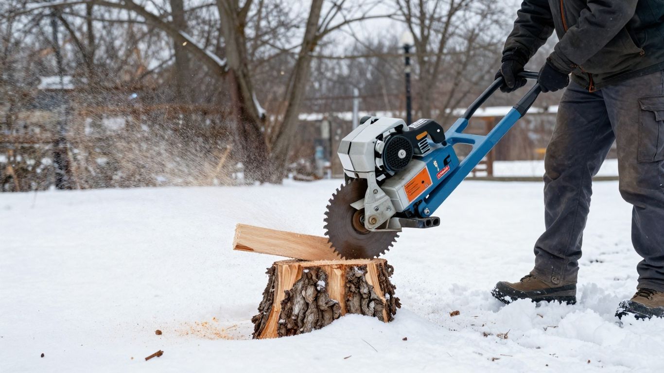 Stump grinding machine removing a tree stump in winter.