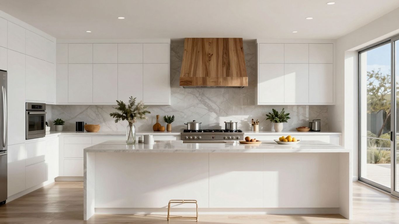 Modern Tucson kitchen with island and white cabinets.